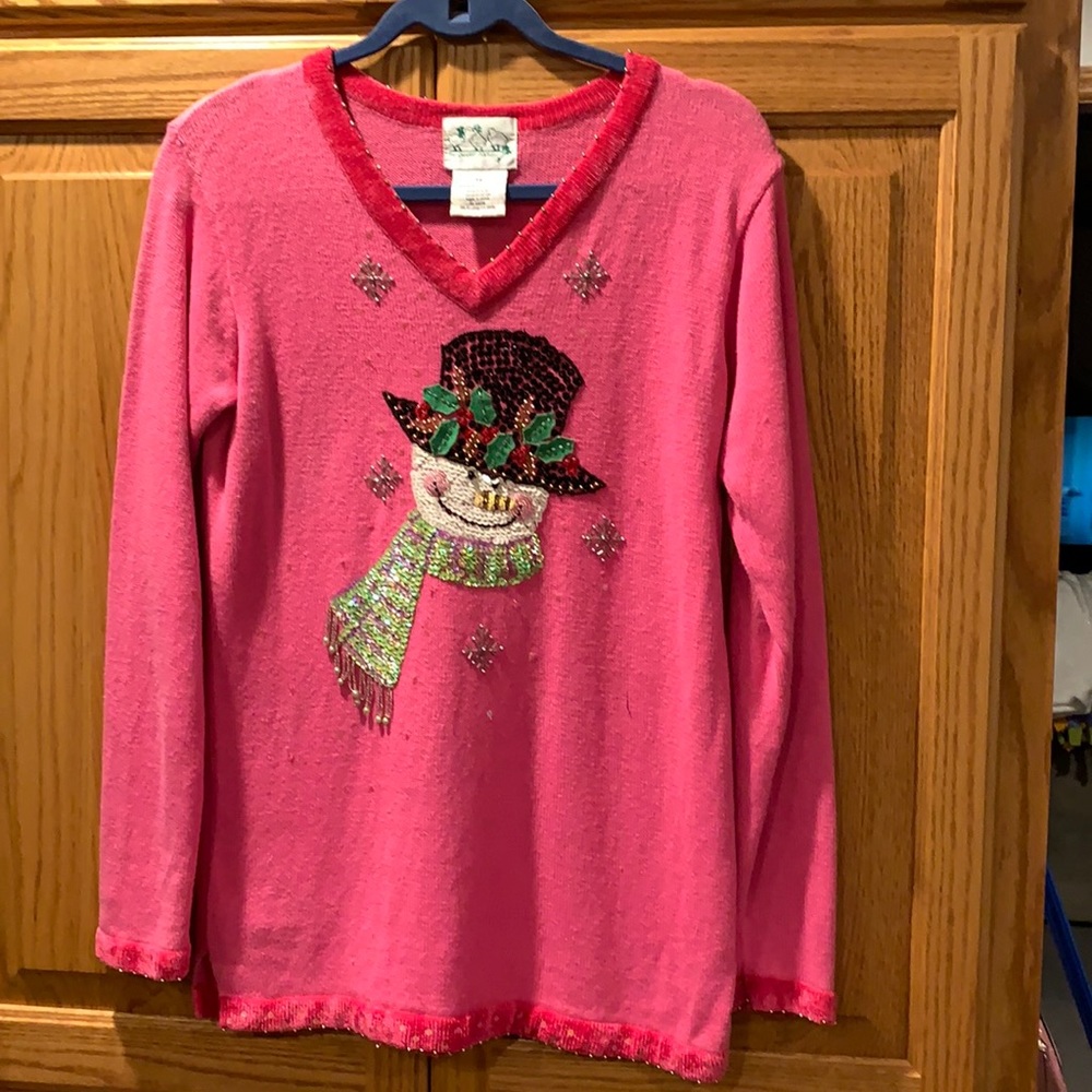 Quacker Factory pink sweater with Snowman size XS